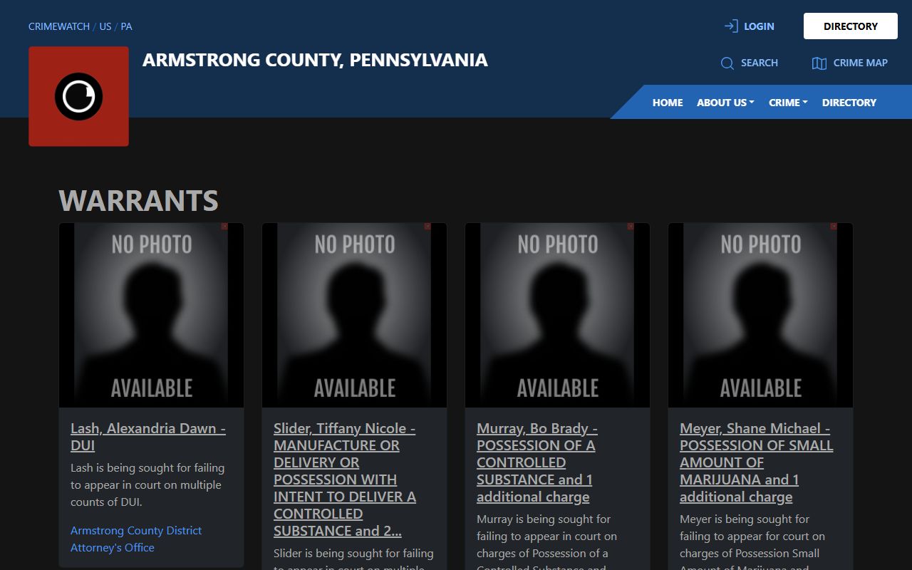 Armstrong County CRIMEWATCH warrants page with public wanted entries