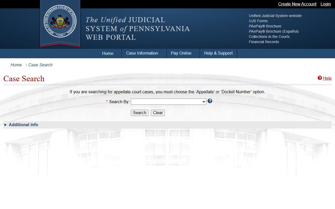 Pennsylvania UJS Case Search interface for court records after arrest